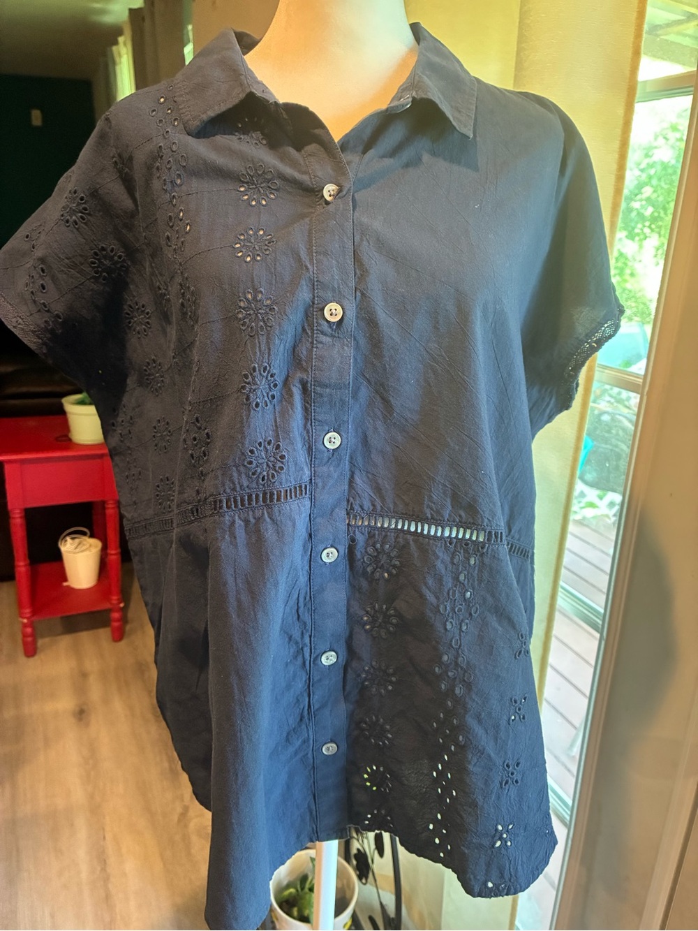 Style & Co. Navy Eyelet Button-Front Short Sleeve Blouse